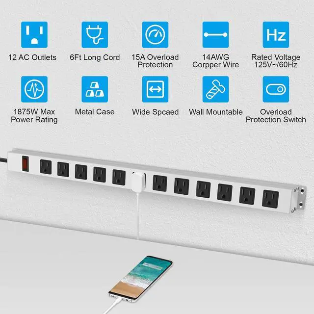 Alt view image 2 of 7 - Metal Long 12 Outlet Surge Protector Power Strip, White, 6 FT | Plug Extender with Heavy Duty Extension Cord, Wall Mount, Wide Spaced, with Switch, ETL Listed