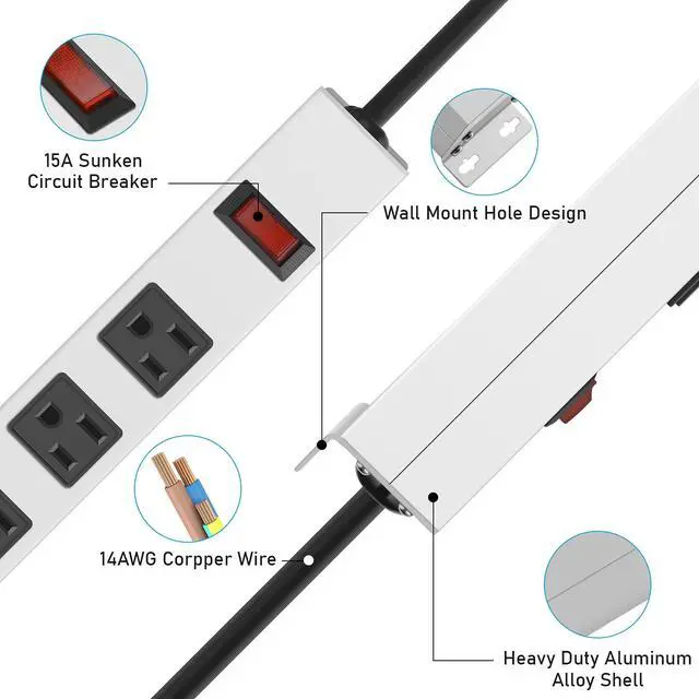 Alt view image 4 of 7 - Metal Long 12 Outlet Surge Protector Power Strip, White, 6 FT | Plug Extender with Heavy Duty Extension Cord, Wall Mount, Wide Spaced, with Switch, ETL Listed