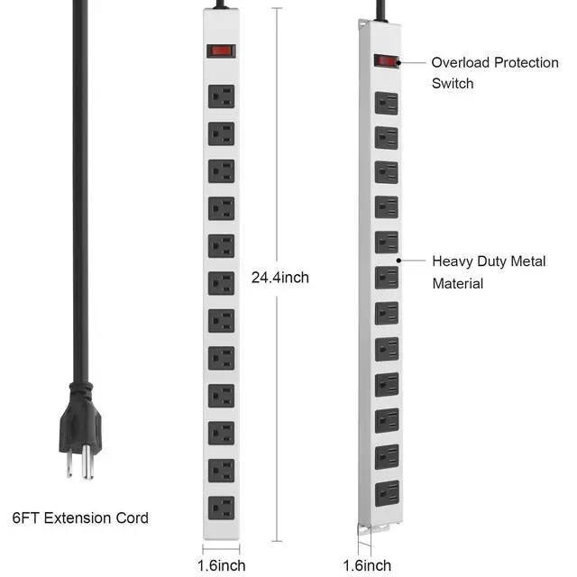 Alt view image 3 of 7 - Metal Long 12 Outlet Surge Protector Power Strip, White, 6 FT | Plug Extender with Heavy Duty Extension Cord, Wall Mount, Wide Spaced, with Switch, ETL Listed