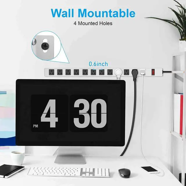 Alt view image 6 of 7 - Metal Long 12 Outlet Surge Protector Power Strip, White, 6 FT | Plug Extender with Heavy Duty Extension Cord, Wall Mount, Wide Spaced, with Switch, ETL Listed