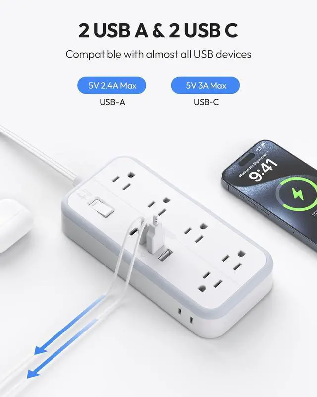 Alt view image 5 of 7 - Flat Extension Cord 25 FT, Long Power Strip, 10 Outlets 4 USB Ports (2 USB C), 3 Side 3 Prong & 2 Prong, Overload Protection, Flat Plug Wall Mount, White, SurgePro