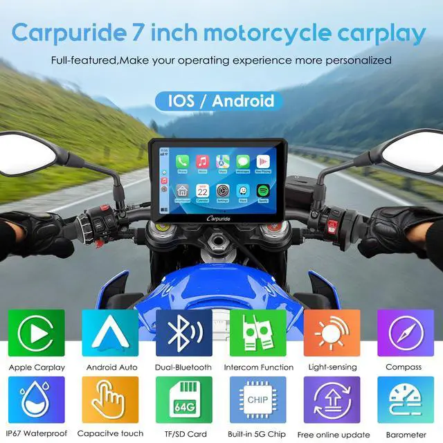 Alt view image 2 of 7 - W702PRO 7" for Motorcycle CarPlay & Android Auto Dual Bluetooth | Waterproof GPS Navigation Screen for Motorbike, Music Sharing, Intercom, EQ, Light Sensor, Compass, Barometer