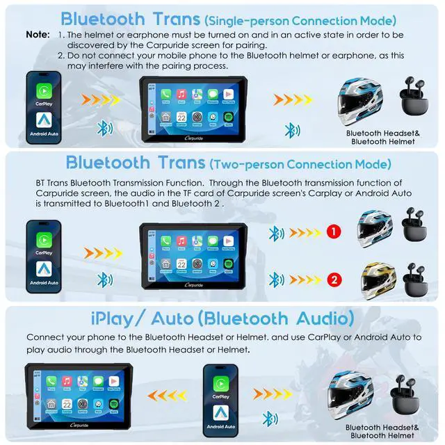 Alt view image 4 of 7 - W702PRO 7" for Motorcycle CarPlay & Android Auto Dual Bluetooth | Waterproof GPS Navigation Screen for Motorbike, Music Sharing, Intercom, EQ, Light Sensor, Compass, Barometer
