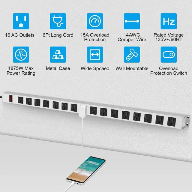 Alt view image 2 of 7 - Metal Long 16 Outlet Surge Protector Power Strip, White, 6 FT | Plug Extender with Heavy Duty Extension Cord, Wall Mount, Wide Spaced, with Switch, ETL Listed