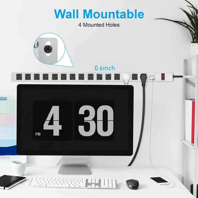 Alt view image 4 of 7 - Metal Long 16 Outlet Surge Protector Power Strip, White, 6 FT | Plug Extender with Heavy Duty Extension Cord, Wall Mount, Wide Spaced, with Switch, ETL Listed
