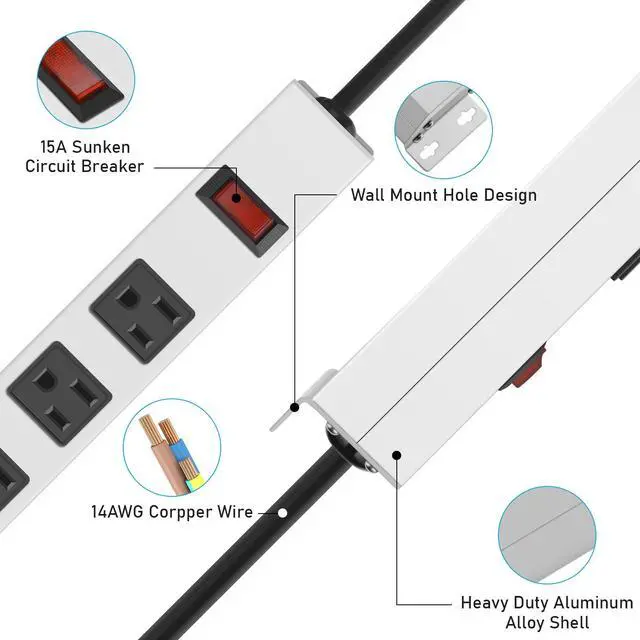 Alt view image 5 of 7 - Metal Long 16 Outlet Surge Protector Power Strip, White, 6 FT | Plug Extender with Heavy Duty Extension Cord, Wall Mount, Wide Spaced, with Switch, ETL Listed