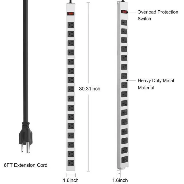 Alt view image 7 of 7 - Metal Long 16 Outlet Surge Protector Power Strip, White, 6 FT | Plug Extender with Heavy Duty Extension Cord, Wall Mount, Wide Spaced, with Switch, ETL Listed