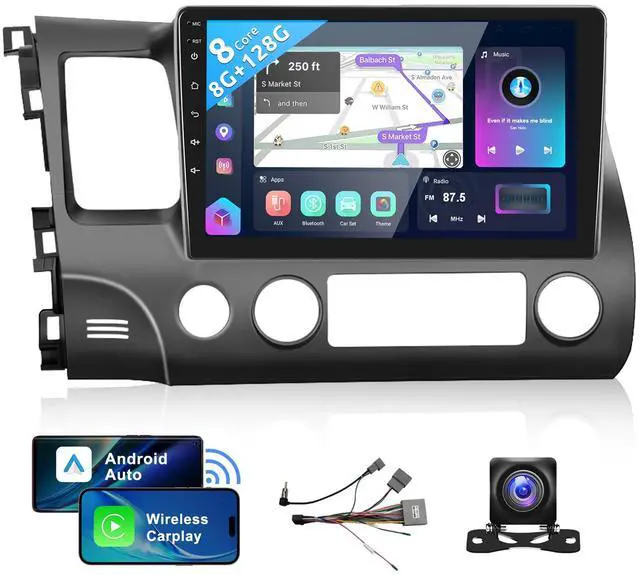 Main image of 8 Core 8+128G Android Car Radio Stereo for Honda Civic 2006-2011 with Wireless Carplay Android Auto, 10.1" QLED Touch Screen, WiFi/4G, GPS, DSP/Hi-Res, AM/FM, Bluetooth 5.0, Backup Camera