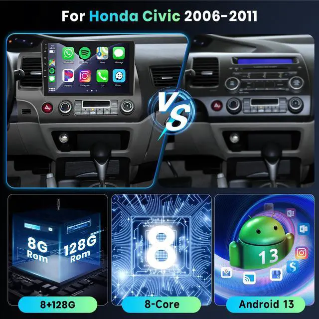 Alt view image 2 of 7 - 8 Core 8+128G Android Car Radio Stereo for Honda Civic 2006-2011 with Wireless Carplay Android Auto, 10.1" QLED Touch Screen, WiFi/4G, GPS, DSP/Hi-Res, AM/FM, Bluetooth 5.0, Backup Camera