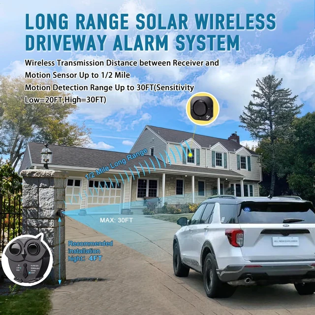 Alt view image 2 of 7 - 1/2 Mile Long Range Solar Wireless Driveway Alarm System 2R2S IP65 All-Weather Outdoor Motion Sensor Detector,120dB Sound&Light Alert,24/7 Security Monitoring for Property Protection