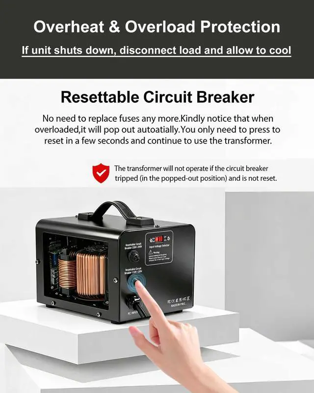 Alt view image 3 of 7 - 1500W 110V to 220V or 220V/230V/240V to 110V/120V Power Converter | Step Up/Down Voltage Transformer Converter for Use 220V Overseas Appliances,Circuit Breaker Protection
