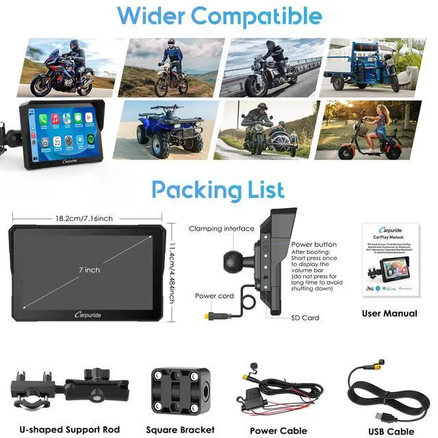 Alt view image 7 of 7 - W702PRO 7" for Motorcycle CarPlay & Android Auto Dual Bluetooth | Waterproof GPS Navigation Screen for Motorbike, Music Sharing, Intercom, EQ, Light Sensor, Compass, Barometer