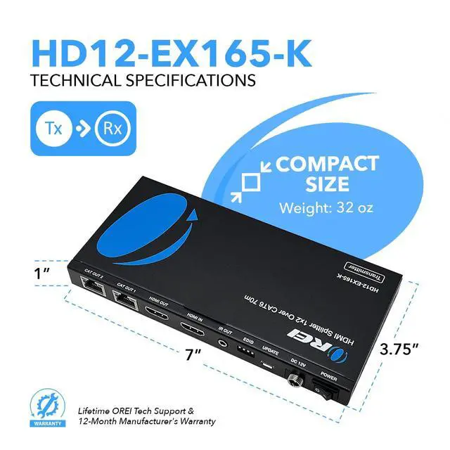 Alt view image 5 of 7 - 4K 1x2 HDMI Over ethernet Extender Splitter Over CAT6/7 ethernet Cable 4K@30Hz up to 165 ft - 1 in 2 Out, 1080P@60Hz Upto 230 ft, PoC, IR Control, EDID, HDMI Loop Out (HD12-EX165-K)