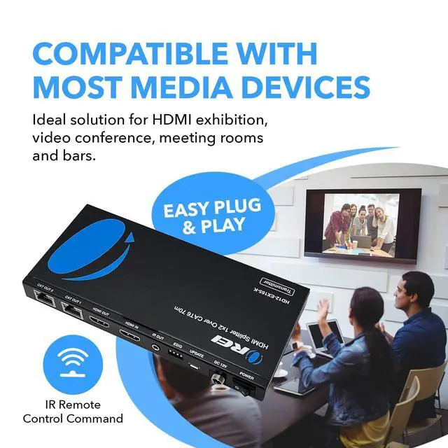 Alt view image 6 of 7 - 4K 1x2 HDMI Over ethernet Extender Splitter Over CAT6/7 ethernet Cable 4K@30Hz up to 165 ft - 1 in 2 Out, 1080P@60Hz Upto 230 ft, PoC, IR Control, EDID, HDMI Loop Out (HD12-EX165-K)