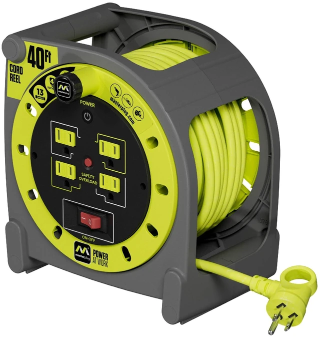 Main image of 40ft Case Cord Reel, Retractable Extension Lead with Winding Handle, Safety Overload Circuit Breaker and Power Switch, 4X Grounded Outlets, 13amps, 14AWG Cable