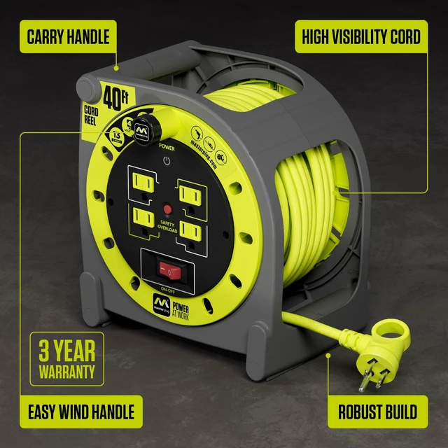 Alt view image 3 of 7 - 40ft Case Cord Reel, Retractable Extension Lead with Winding Handle, Safety Overload Circuit Breaker and Power Switch, 4X Grounded Outlets, 13amps, 14AWG Cable