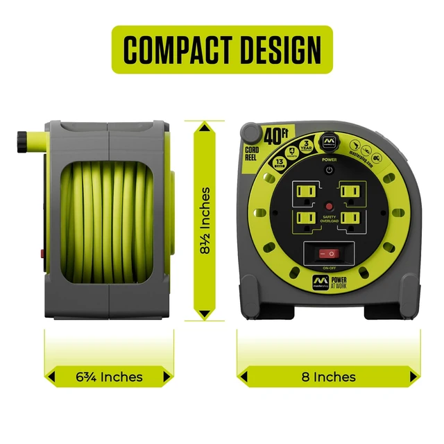 Alt view image 7 of 7 - 40ft Case Cord Reel, Retractable Extension Lead with Winding Handle, Safety Overload Circuit Breaker and Power Switch, 4X Grounded Outlets, 13amps, 14AWG Cable