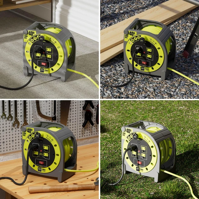 Alt view image 6 of 7 - 40ft Case Cord Reel, Retractable Extension Lead with Winding Handle, Safety Overload Circuit Breaker and Power Switch, 4X Grounded Outlets, 13amps, 14AWG Cable