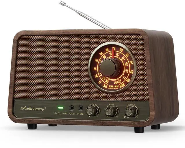 Main image of Vintage Wood AM FM Bluetooth Radio,10W Powerful Sound, Espresso | Tabletop Retro Bluetooth Speaker, Amber-Glowing Dial, Bass Control, AUX & Headphone Jack, Vintage Decor for Office, Home
