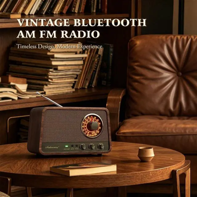 Alt view image 2 of 7 - Vintage Wood AM FM Bluetooth Radio,10W Powerful Sound, Espresso | Tabletop Retro Bluetooth Speaker, Amber-Glowing Dial, Bass Control, AUX & Headphone Jack, Vintage Decor for Office, Home