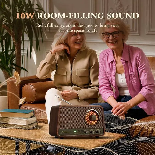 Alt view image 3 of 7 - Vintage Wood AM FM Bluetooth Radio,10W Powerful Sound, Espresso | Tabletop Retro Bluetooth Speaker, Amber-Glowing Dial, Bass Control, AUX & Headphone Jack, Vintage Decor for Office, Home