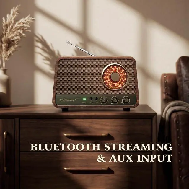 Alt view image 4 of 7 - Vintage Wood AM FM Bluetooth Radio,10W Powerful Sound, Espresso | Tabletop Retro Bluetooth Speaker, Amber-Glowing Dial, Bass Control, AUX & Headphone Jack, Vintage Decor for Office, Home