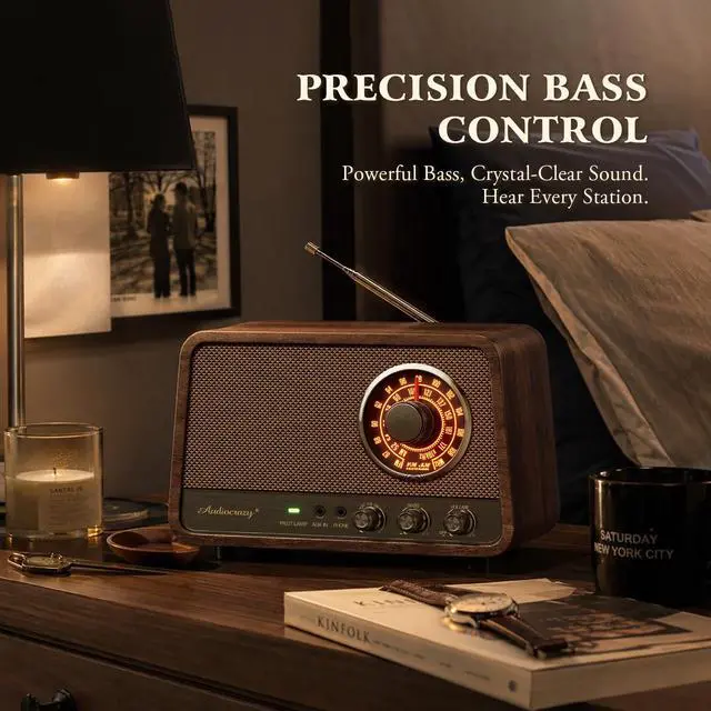 Alt view image 5 of 7 - Vintage Wood AM FM Bluetooth Radio,10W Powerful Sound, Espresso | Tabletop Retro Bluetooth Speaker, Amber-Glowing Dial, Bass Control, AUX & Headphone Jack, Vintage Decor for Office, Home