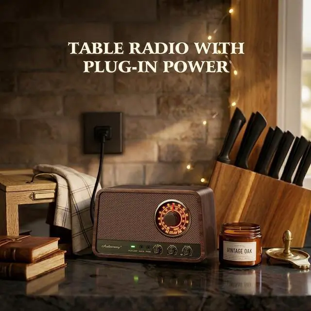 Alt view image 6 of 7 - Vintage Wood AM FM Bluetooth Radio,10W Powerful Sound, Espresso | Tabletop Retro Bluetooth Speaker, Amber-Glowing Dial, Bass Control, AUX & Headphone Jack, Vintage Decor for Office, Home
