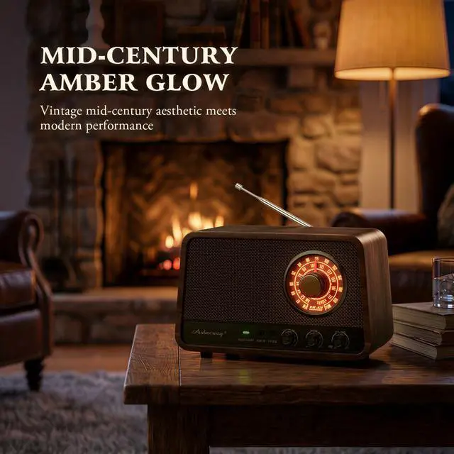 Alt view image 7 of 7 - Vintage Wood AM FM Bluetooth Radio,10W Powerful Sound, Espresso | Tabletop Retro Bluetooth Speaker, Amber-Glowing Dial, Bass Control, AUX & Headphone Jack, Vintage Decor for Office, Home