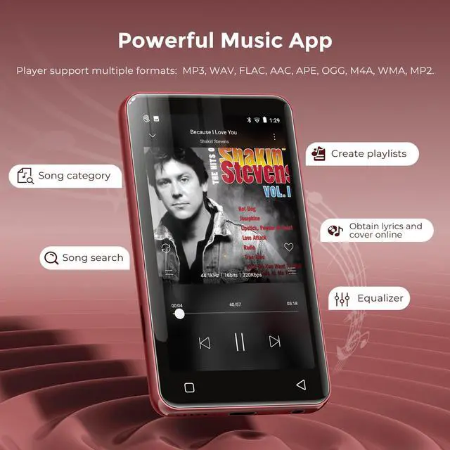 Alt view image 3 of 7 - 80GB MP3 Player with Bluetooth and WiFi, MP3 Player for Kids with Spotify, Spotify Kids, Pandora, Audible, 4.0" Touch Screen Music Player with Parental Controls, Up to 1TB Red