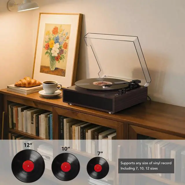 Alt view image 2 of 7 - ® Vinyl Record Player All-in-one Vintage Turntable,Walnut Red | HiFi Audio AT-3600L MM Cartridge,Built-in Stereo Speakers,Belt-Driven,3 Speed,BT Wireless Input,AUX RCA Line,Auto Stop,Retro