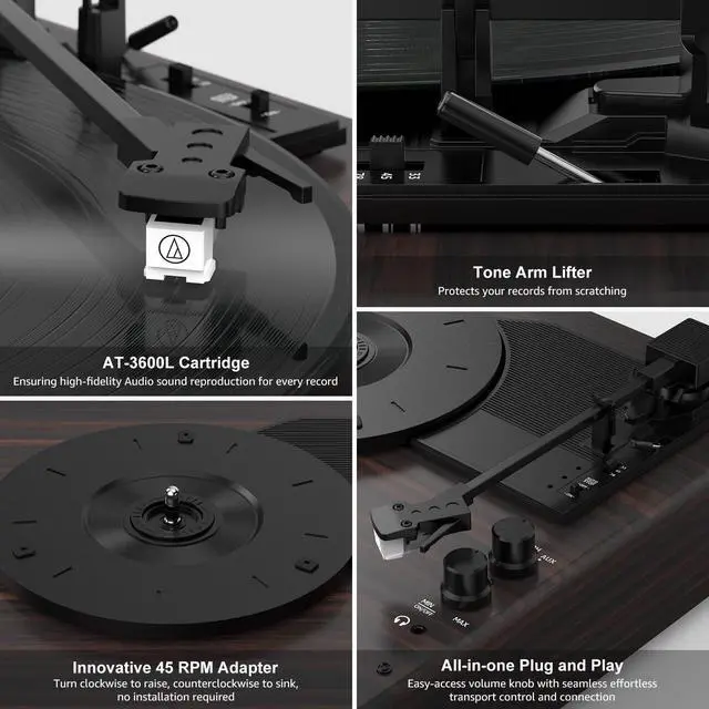 Alt view image 5 of 7 - ® Vinyl Record Player All-in-one Vintage Turntable,Walnut Red | HiFi Audio AT-3600L MM Cartridge,Built-in Stereo Speakers,Belt-Driven,3 Speed,BT Wireless Input,AUX RCA Line,Auto Stop,Retro