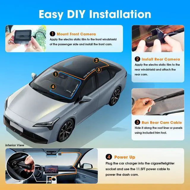 Alt view image 6 of 7 - Z60 4K Dash Cam Front and Rear, Built-in 32GB eMMC, Free 64GB Card Included, Dual Dash Camera for Cars, AI ISP Night Vision 2.0, 5GHz WiFi, GPS, G-Sensor, 7 Days AOV Parking Mode, 3" IPS, ADAS