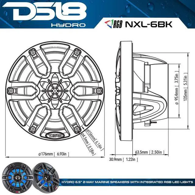 Alt view image 3 of 7 - HYDRO NXL-6 - High End Coaxial Speaker Pair - 2-Way Marine Speaker w/Integrated RGB Lights - 300 Watt - 100% UV Stable - Water Resistant Speakers - 6.5 Inches, Black