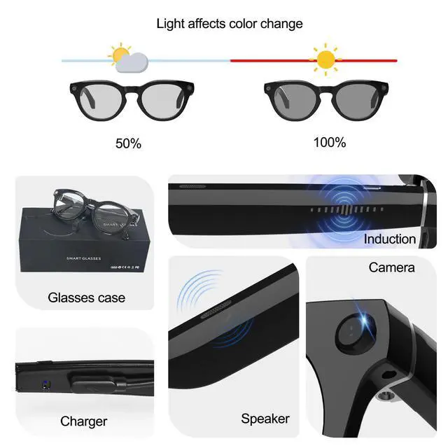 Alt view image 6 of 7 - Ai Smart Glasses with Camera and Bluetooth - 4K HD Video Recording, Real-Time Translation, with Color-Changing Lenses for Travel, Sports, Outdoor Use
