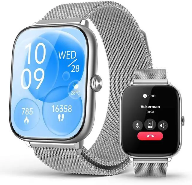 Main image of Silver Smart Watch for Men Women with Blood Pressure Monitor, 2.06" AMOLED Display, Metal IP68 Waterproof Fitness Tracker, 118 Sports, Heart Rate/SpO2/Sleep, Tech Gift, Android iPhone Compatible