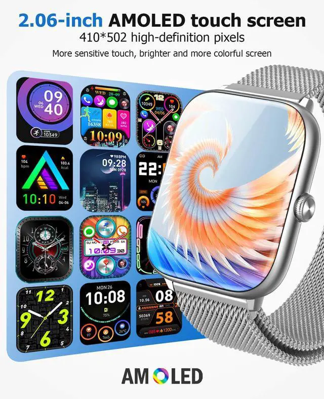 Alt view image 2 of 7 - Silver Smart Watch for Men Women with Blood Pressure Monitor, 2.06" AMOLED Display, Metal IP68 Waterproof Fitness Tracker, 118 Sports, Heart Rate/SpO2/Sleep, Tech Gift, Android iPhone Compatible