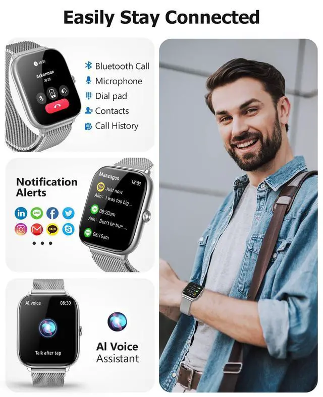 Alt view image 3 of 7 - Silver Smart Watch for Men Women with Blood Pressure Monitor, 2.06" AMOLED Display, Metal IP68 Waterproof Fitness Tracker, 118 Sports, Heart Rate/SpO2/Sleep, Tech Gift, Android iPhone Compatible