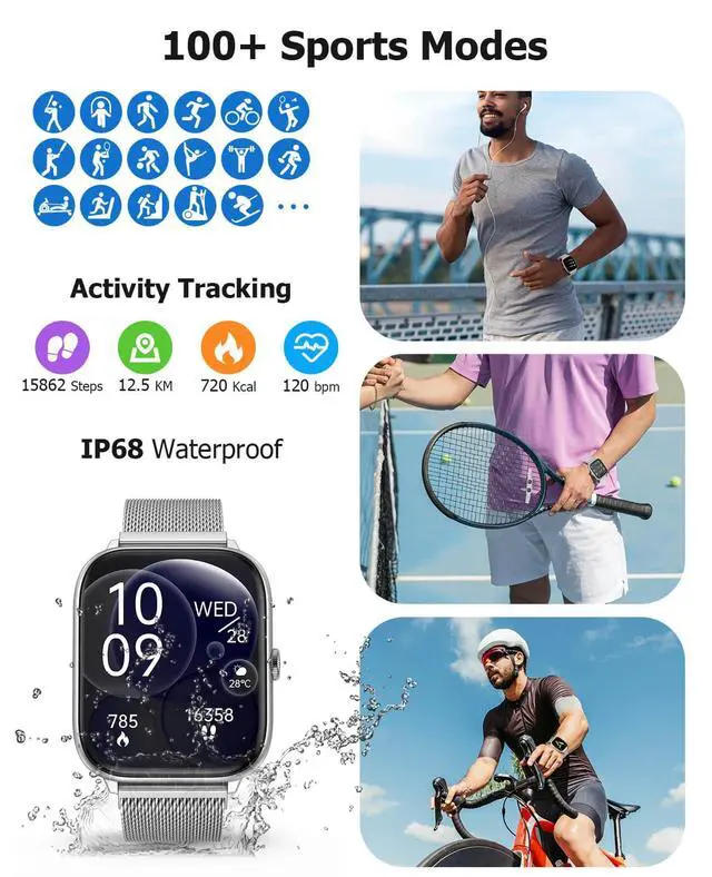 Alt view image 4 of 7 - Silver Smart Watch for Men Women with Blood Pressure Monitor, 2.06" AMOLED Display, Metal IP68 Waterproof Fitness Tracker, 118 Sports, Heart Rate/SpO2/Sleep, Tech Gift, Android iPhone Compatible