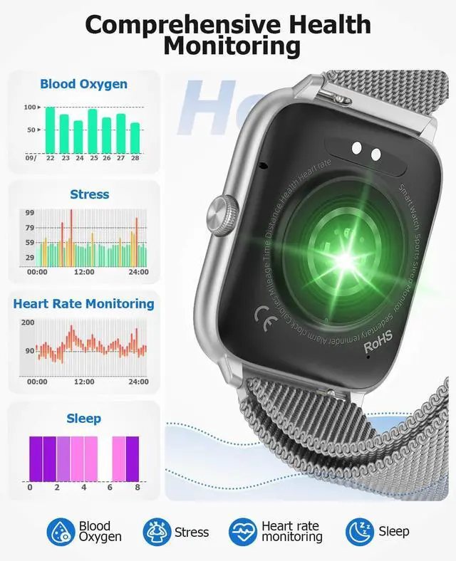 Alt view image 5 of 7 - Silver Smart Watch for Men Women with Blood Pressure Monitor, 2.06" AMOLED Display, Metal IP68 Waterproof Fitness Tracker, 118 Sports, Heart Rate/SpO2/Sleep, Tech Gift, Android iPhone Compatible