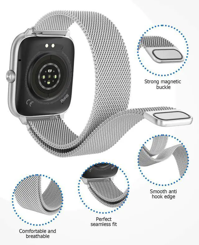 Alt view image 7 of 7 - Silver Smart Watch for Men Women with Blood Pressure Monitor, 2.06" AMOLED Display, Metal IP68 Waterproof Fitness Tracker, 118 Sports, Heart Rate/SpO2/Sleep, Tech Gift, Android iPhone Compatible