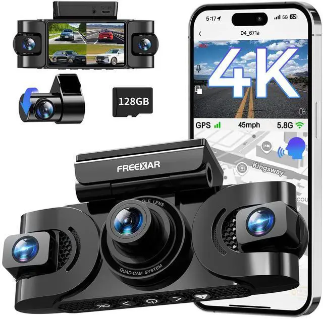 Main image of 4K 360° Dash Cam with 128GB Card, 4-Channel Dash Camera for Cars | Full Coverage Front Rear Left Right Inside with GPS, 5.8GHz Wi-Fi & App, Night Vision, Voice Control, 24H Parking Mode