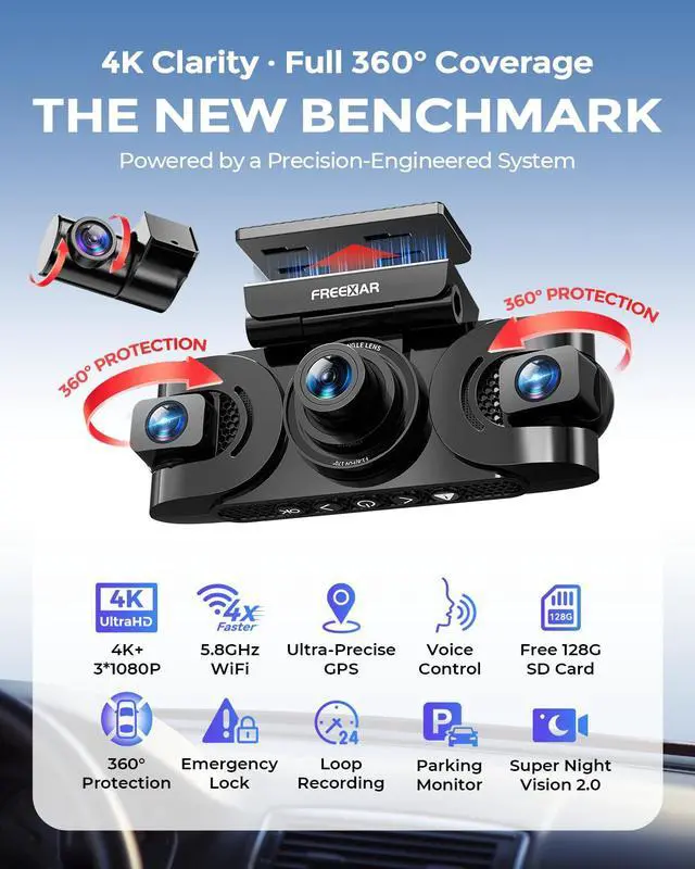 Alt view image 6 of 7 - 4K 360° Dash Cam with 128GB Card, 4-Channel Dash Camera for Cars | Full Coverage Front Rear Left Right Inside with GPS, 5.8GHz Wi-Fi & App, Night Vision, Voice Control, 24H Parking Mode