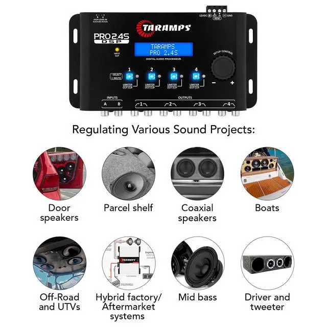 Alt view image 7 of 7 - Taramps PRO 2.4S Car Audio DSP Equalizer 4 Channel Digital Crossover | Automotive DSP with 15-band EQ, active crossover, delay alignment, RCA & High-Level inputs for precise sound tuning