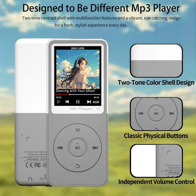 Alt view image 5 of 7 - MP3 Player with Bluetooth 5.3, 1.8" Screen, Color-Block Music Player | with FM Radio, Voice Recorder, A-B Repeat, Resume Playback and Up to 128GB microSD for Running and Travel,Grey,64GB