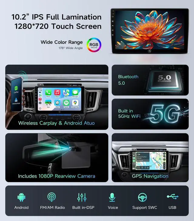 Alt view image 3 of 7 - Car Radio Stereo for Toyota RAV4 2013-2018, Wireless CarPlay Android Auto | 10.2" IPS HD touchscreen, 5G WiFi GPS navigation, phone link, Bluetooth, AM FM SWC, 1080P backup camera