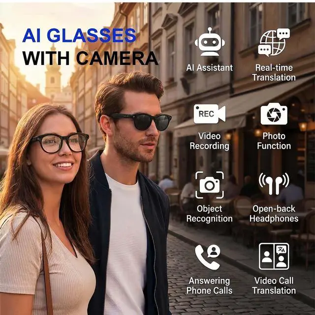 Alt view image 2 of 7 - AI Smart Glasses with Camera, 8MP HD Video, Real-Time Translation | Photo Capture,Object Recognition,80min Video Time,Open-Ear Music, Bluetooth Calls, AI Assistant