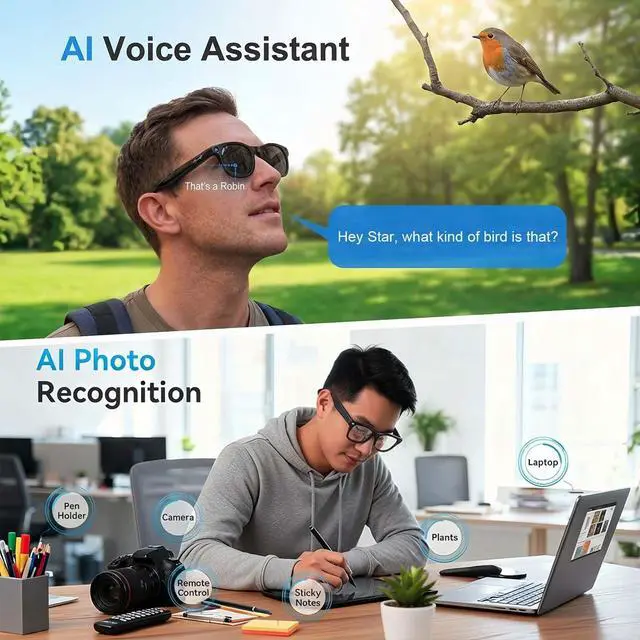 Alt view image 4 of 7 - AI Smart Glasses with Camera, 8MP HD Video, Real-Time Translation | Photo Capture,Object Recognition,80min Video Time,Open-Ear Music, Bluetooth Calls, AI Assistant