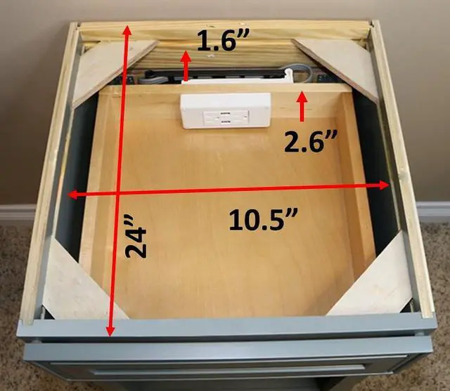 Alt view image 7 of 7 - Compact in-Drawer Outlet with Cord Management Arm (2) USB-A Ports (2) 15 Amp Plugs fits Narrow and Shallow Drawers