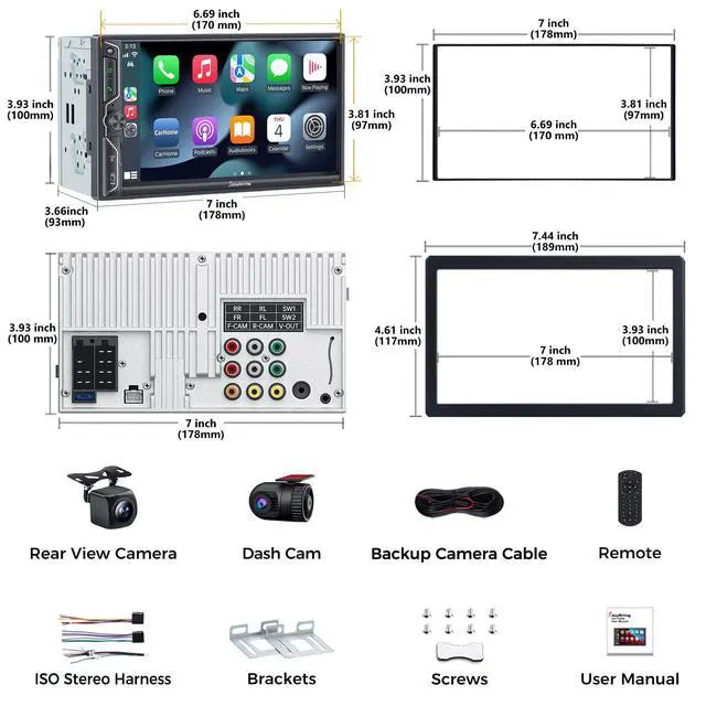 Alt view image 6 of 7 - 7" QLED Double Din Car Stereo Compatible with Wireless Apple CarPlay & Android Auto, 240W 4.2CH Dual Subwoofer Out, Dash Cam & Backup Camera Included, Bluetooth, Mirrorlink, FM/AM Car Radio